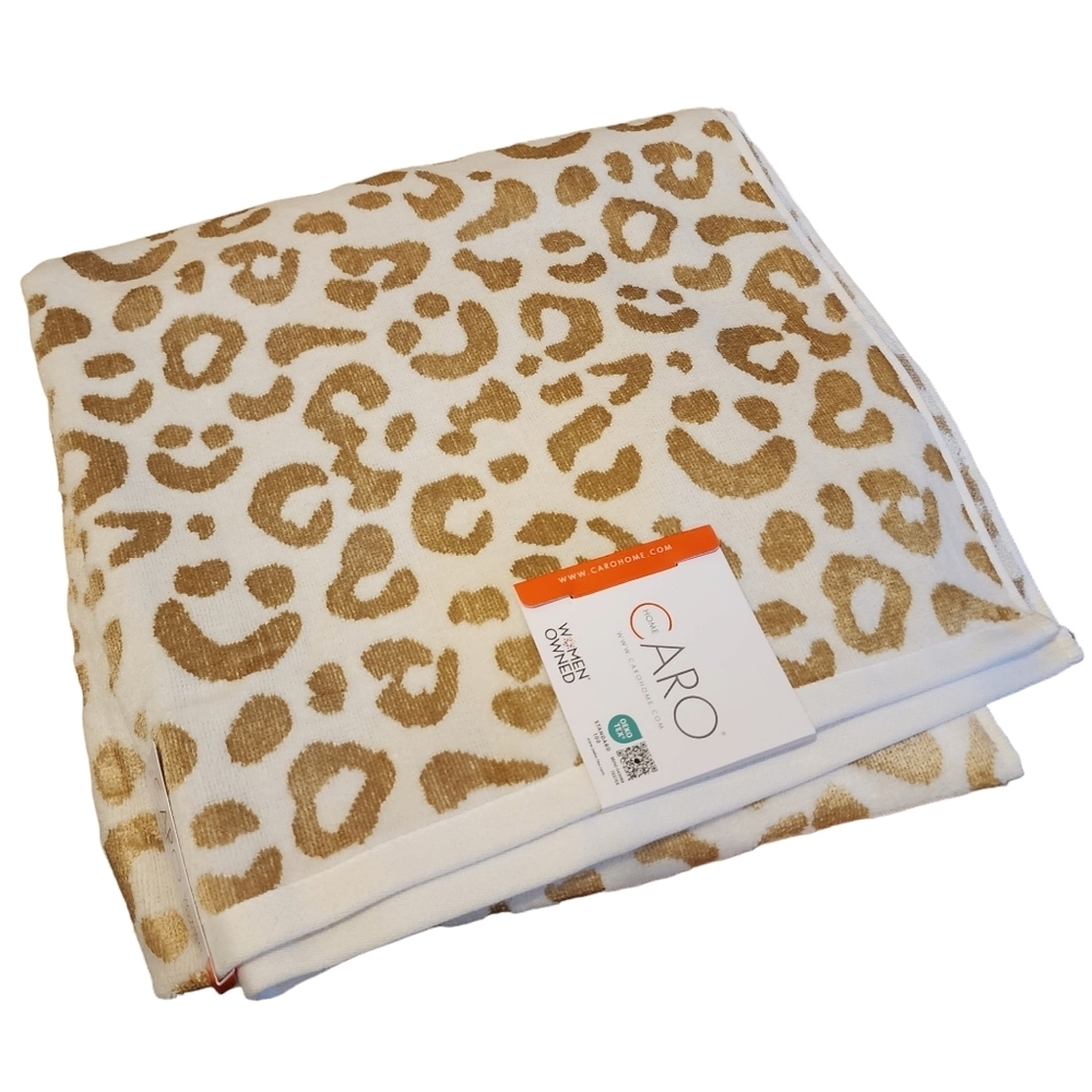 CARO Leopard Print 2 Bath Towels Gold Beige Viscose Cotton Super Soft